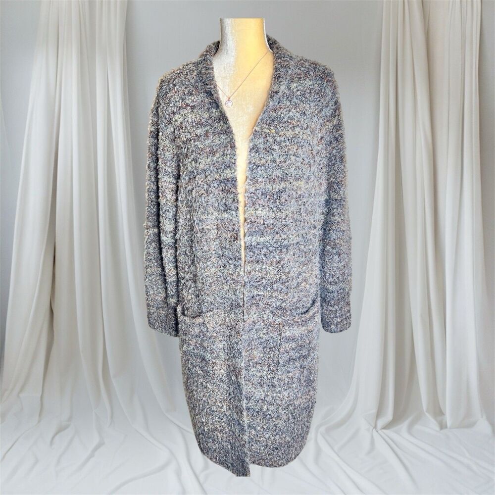 Open Front Duster Cardigan Sweater Size M Marled Earthtones Patch Pockets